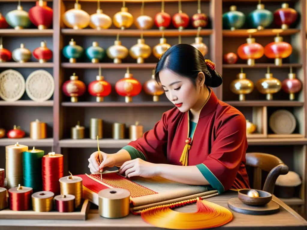 Un artesano experto en Shanghái teje nudos tradicionales chinos con hilos de seda rojos y dorados en un taller acogedor y lleno de historia