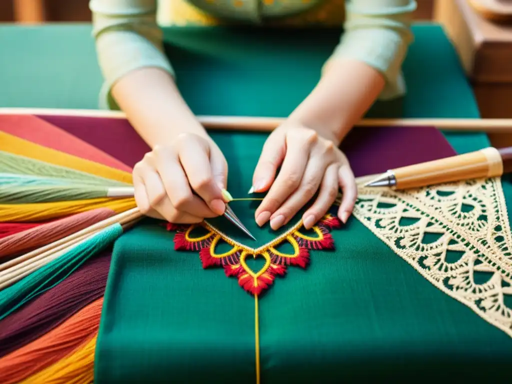 Un artesano experto crea un patrón simétrico y colorido en tela, rodeado de hilos y herramientas de costura vintage