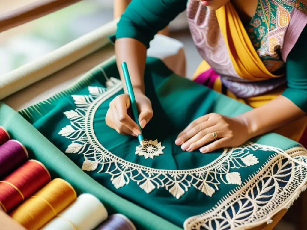 Un artesano experto crea un patrón tradicional en tela con tintes naturales, rodeado de textiles coloridos y bocetos detallados