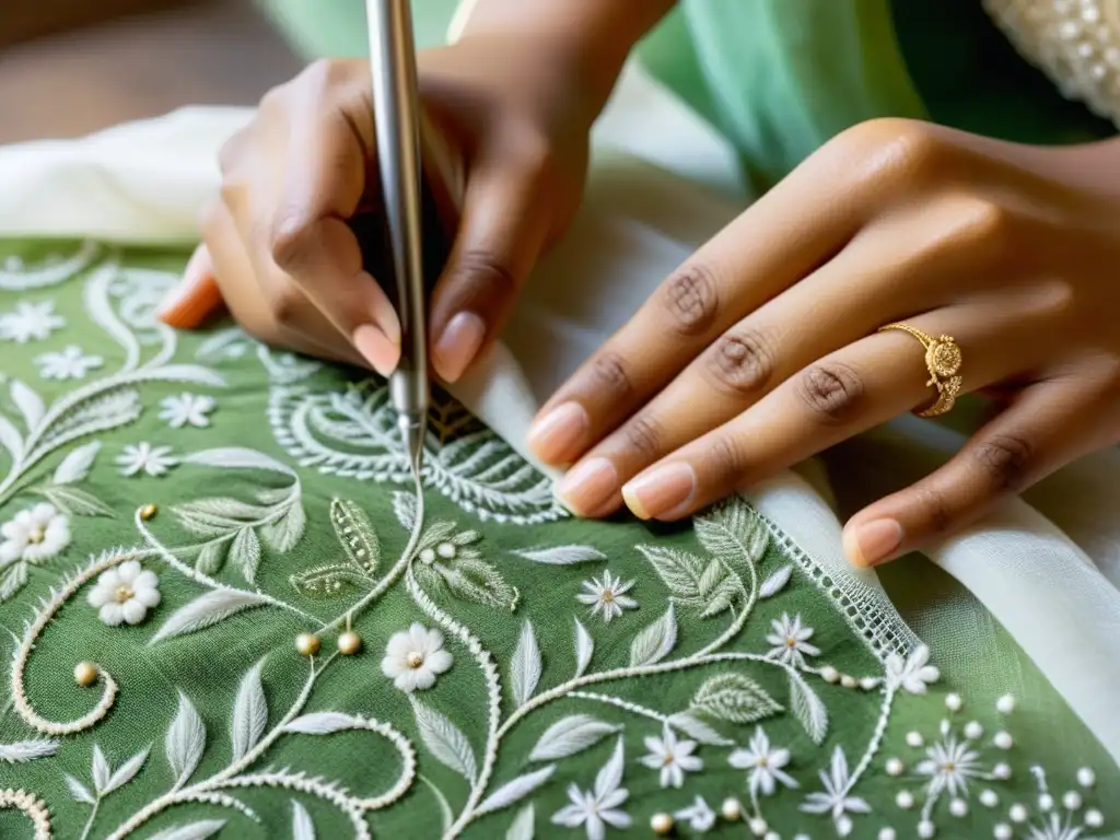 Un artesano experto borda patrones delicados de Chikankari en una tela vintage, destacando la artesanía y el significado cultural