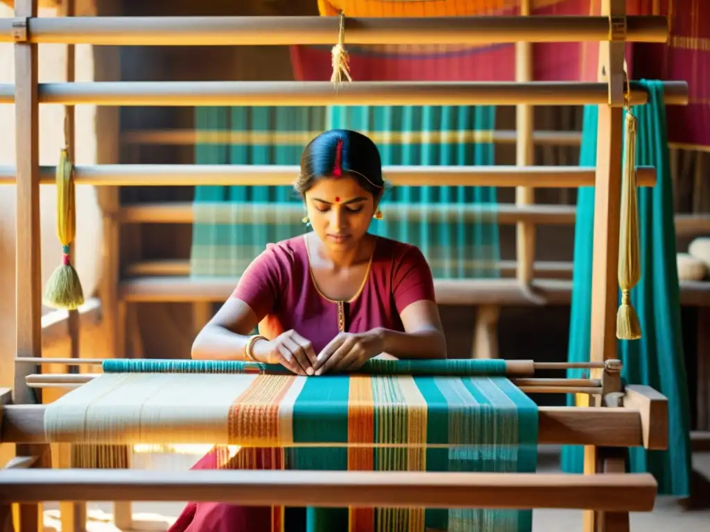 Un artesano experto teje patrones geométricos en un textil Jamdani con técnica tradicional