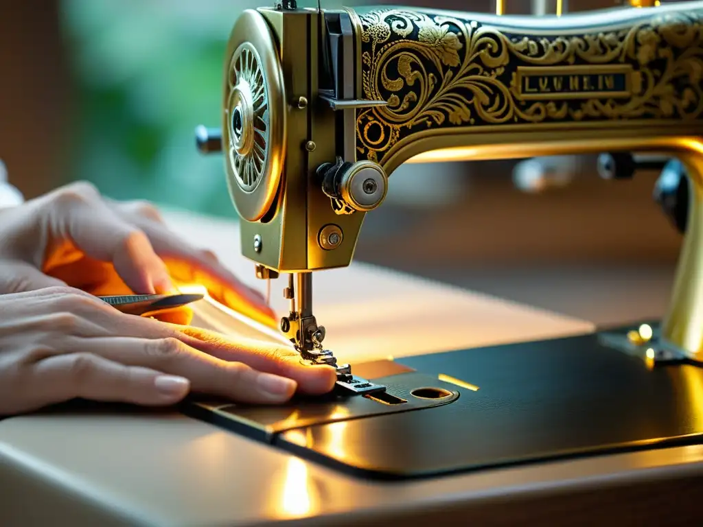 Un artesano experto crea patrones de lujo en una máquina de coser vintage, transmitiendo dedicación y precisión en la creación