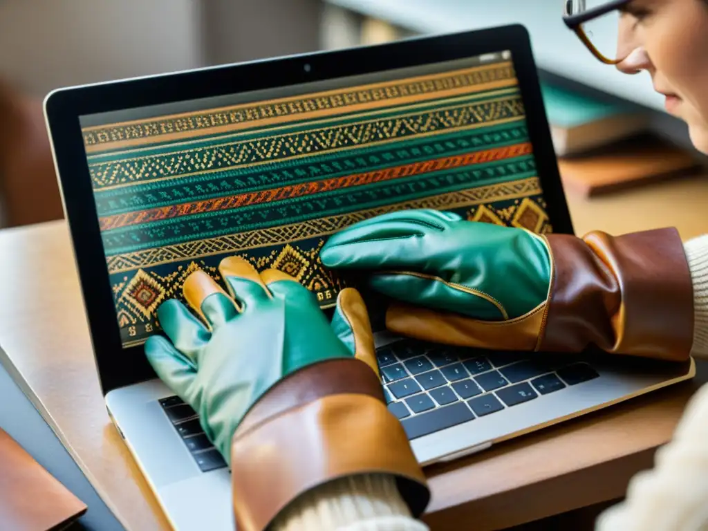 Un artesano experto crea patrones textiles digitales en una pantalla, con elegantes guantes de cuero, en un ambiente vintage de artesanía meticulosa