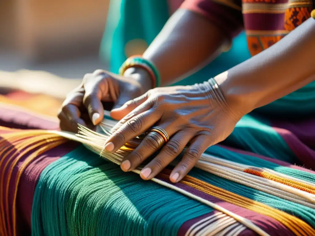 Un artesano experto teje patrones vibrantes en un mercado tribal, evocando la rica historia del arte textil tribal culturas remotas