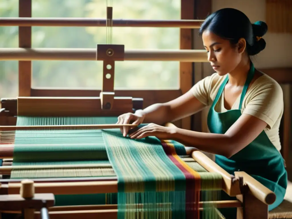 Un artesano experto teje con precisión un patrón textil en un telar, destacando las técnicas de creación de patrones textiles artesanales