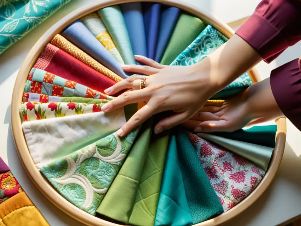 Artesano experto crea patchwork con precisión Un artesano experto dispone con precisión telas coloridas en un aro de acolchado vintage