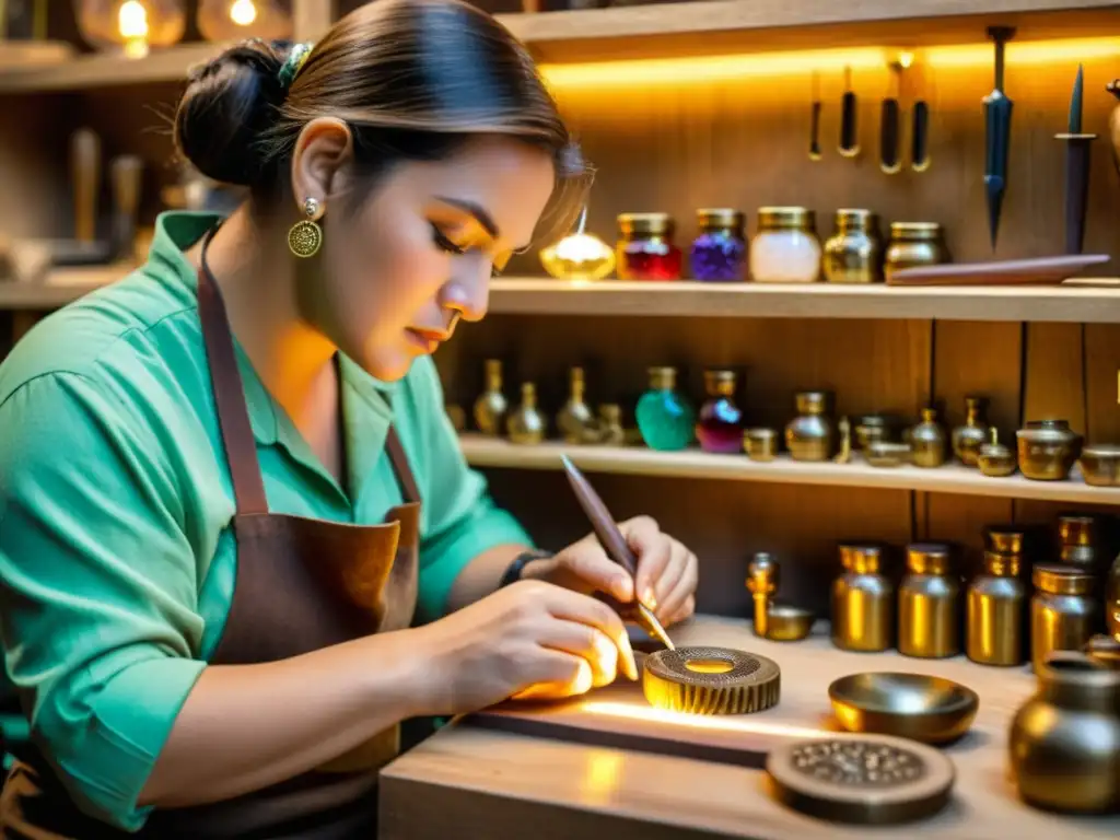 Un artesano experto talla un diseño en joyería con herramientas delicadas en un taller cálido y lleno de encanto vintage