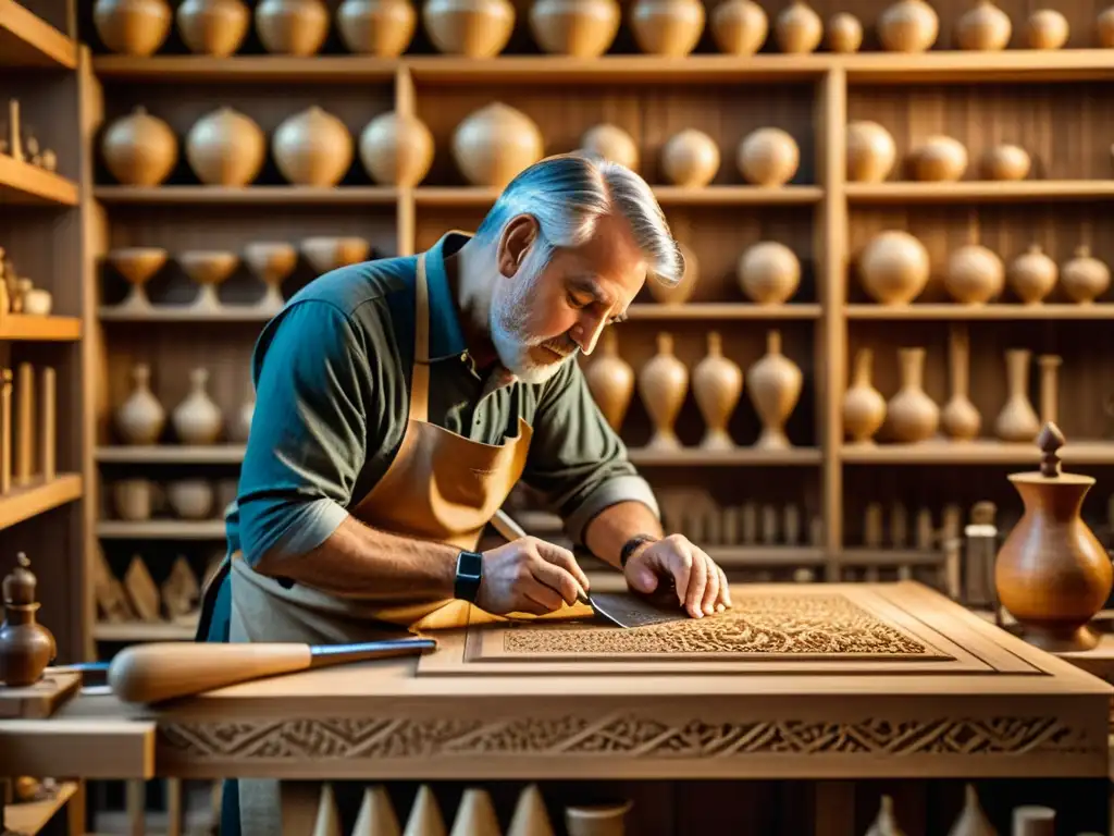 Un artesano experto utiliza técnicas tradicionales de calado de madera para crear una intrincada pieza de arte en un taller rústico europeo