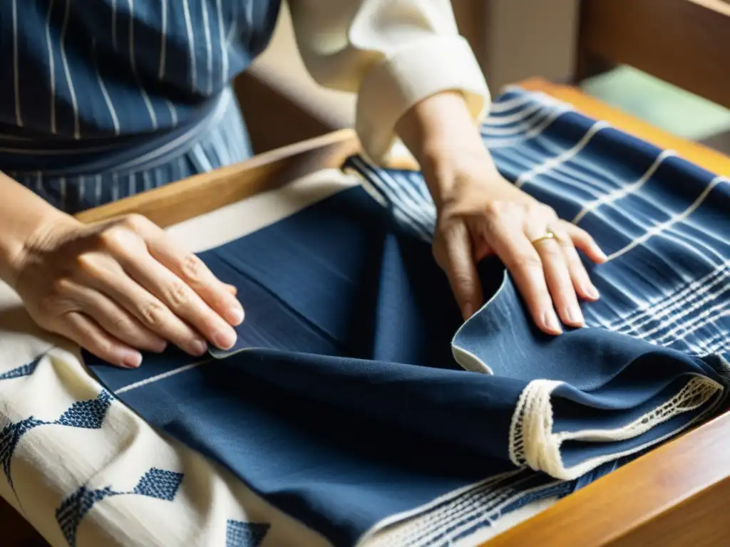 Un artesano experto preparando tela para técnicas de diseño patrones Shibori, destacando la meticulosidad y la belleza vintage