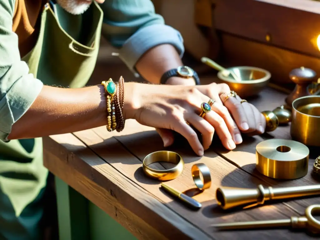 Un artesano experto crea joyería única con herramientas antiguas y materiales como latón, cobre y piedras preciosas