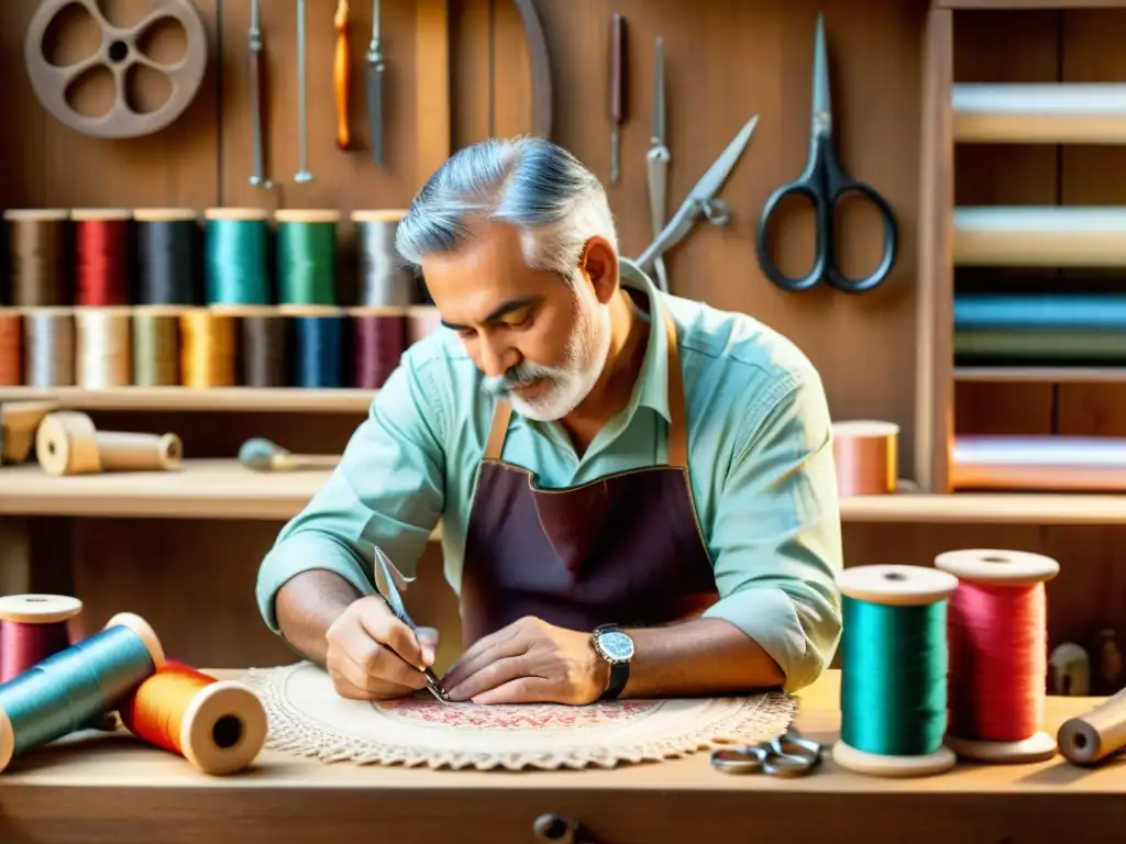 Artesano hábil en banco de trabajo de madera, creando diseño de patrones tradicionales digitales con herramientas vintage y hilos coloridos