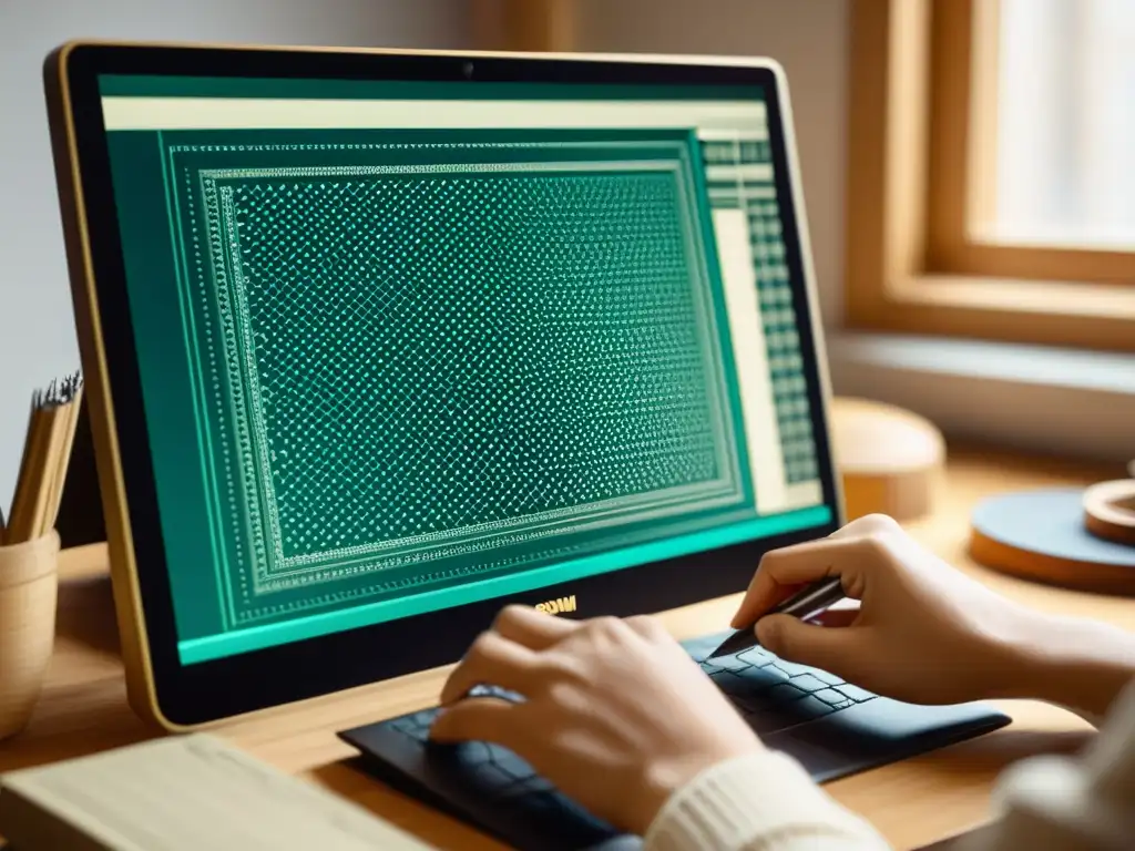 Un artesano hábil usando software avanzado para crear patrones únicos en una pantalla de computadora, en un estudio acogedor y bien iluminado