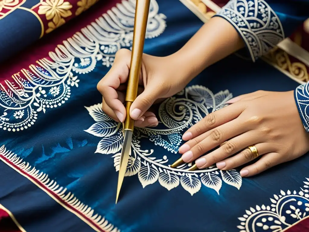 Arte del Batik: Detalles Pintados a Mano Un artesano habilidoso pinta a mano un textil batik con patrones florales y geométricos en tonos vibrantes de índigo, carmesí y oro