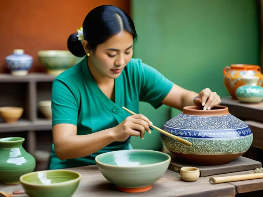 Un artesano habilidoso crea patrones en cerámica del sudeste asiático, rodeado de herramientas y esmaltes coloridos