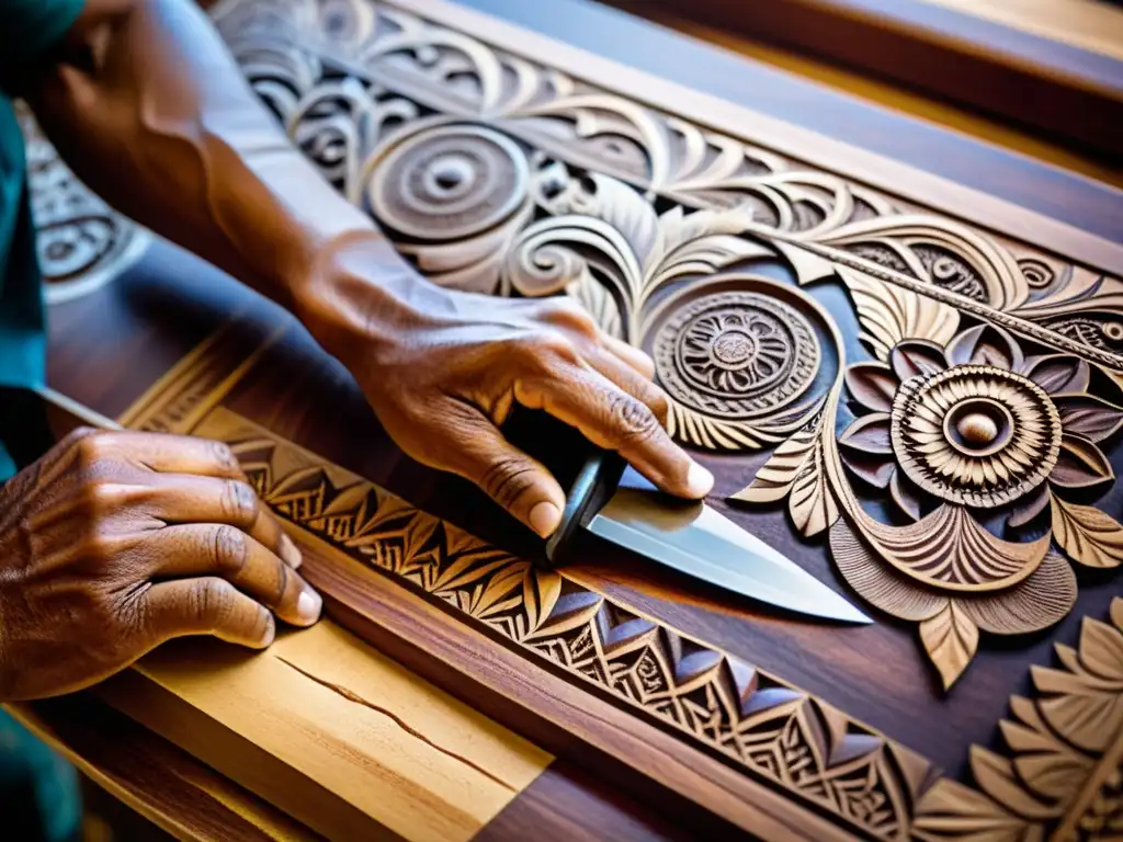 Un artesano habilidoso talla patrones en madera de Polinesia en un panel de caoba, con un cincel tradicional