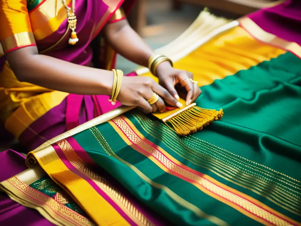 Un artesano teje meticulosamente hilos dorados zari en un vibrante Paithani Saree, mostrando la atención al detalle y la elegancia atemporal