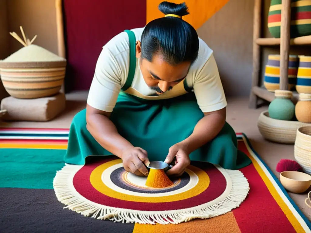 Artesano indígena crea alfombra de aserrín con colores vibrantes y simbolismo cultural