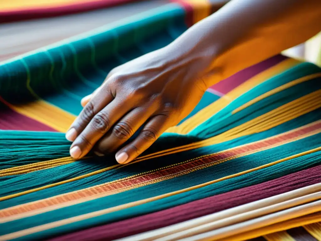 Un artesano indígena experto teje patrones vibrantes con materiales endémicos, revelando años de experiencia en tejidos nativos