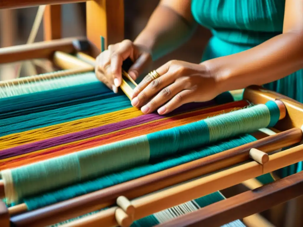 Un artesano indígena teje con habilidad hilos coloridos en telar de madera, representando el tejido en medicina tradicional latinoamericana