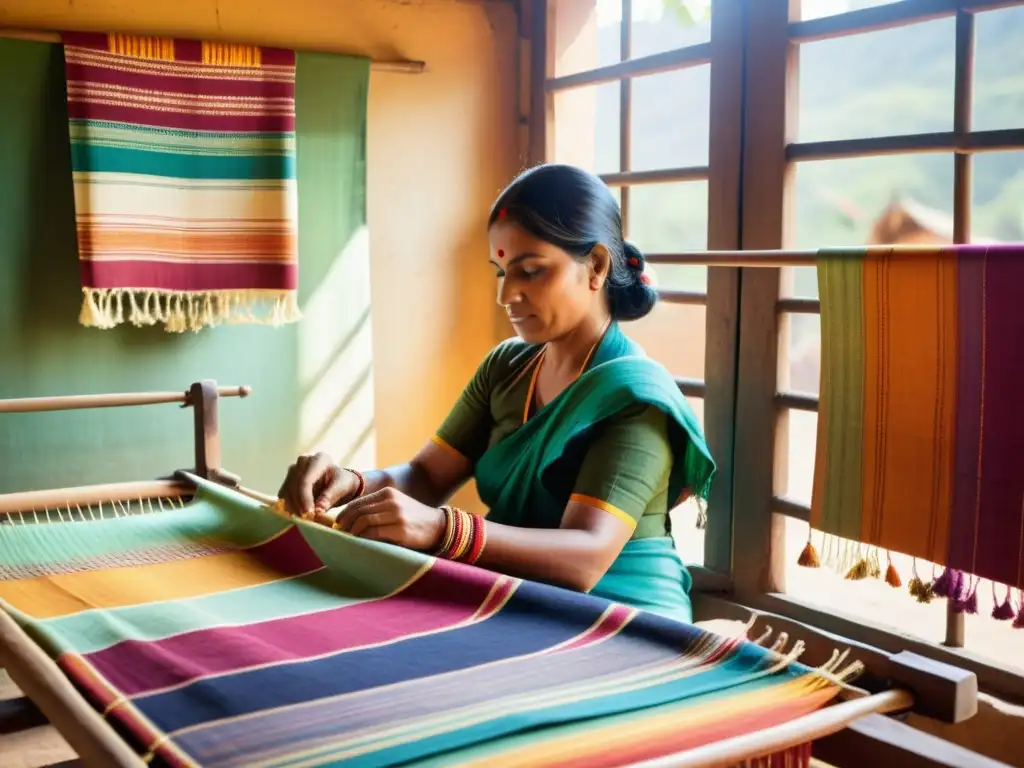 Un artesano indígena en la India teje meticulosamente patrones textiles tradicionales en un telar, rodeado de hilos de colores