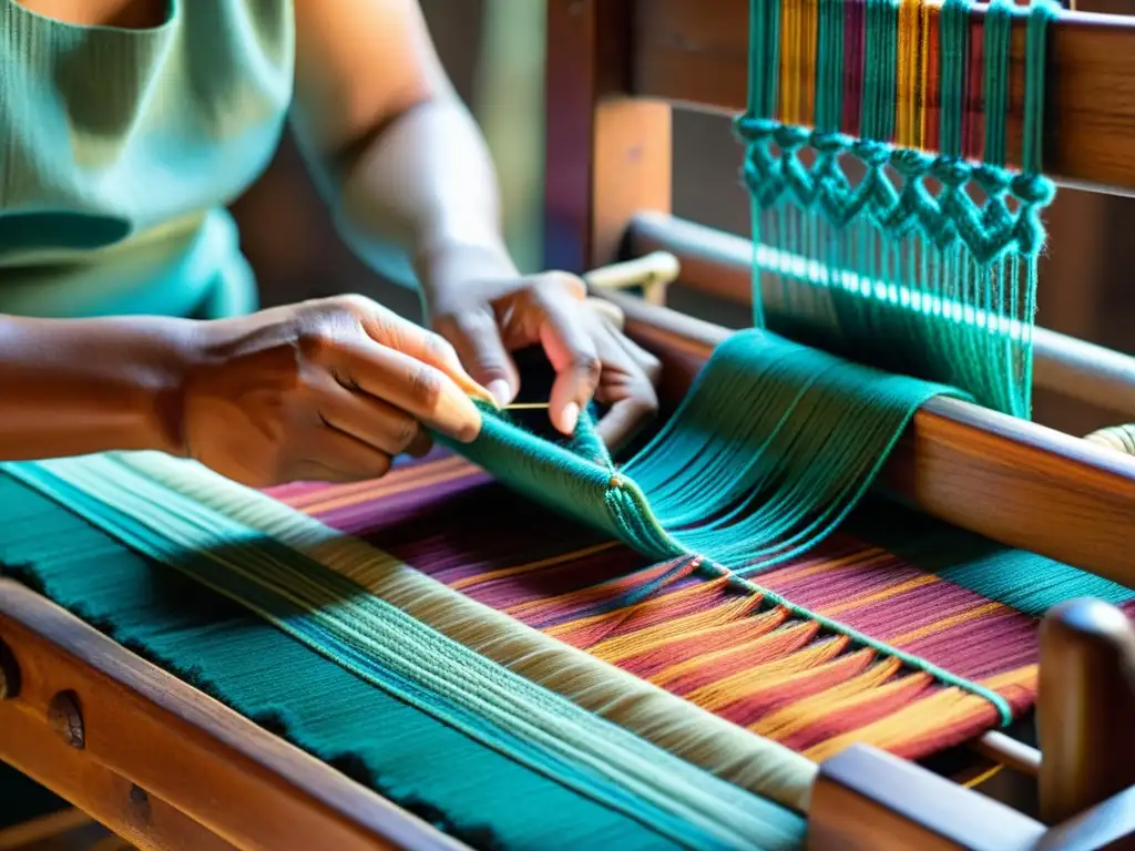 Artesano indígena tejiendo un patrón artístico con hilos coloridos en un telar de madera vintage