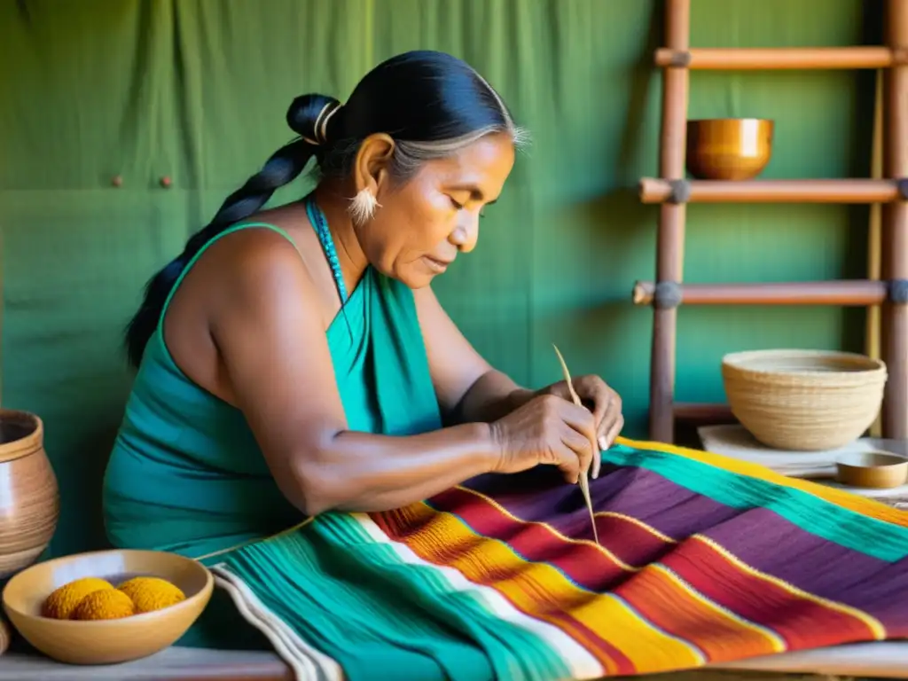 Un artesano indígena teje patrones artísticos con técnicas tradicionales, rodeado de materiales naturales