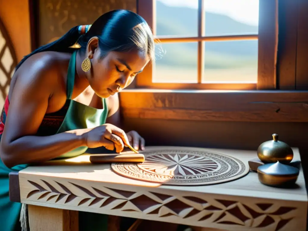 Un artesano indígena talla patrones en relieve en madera, rodeado de herramientas tradicionales y materiales naturales