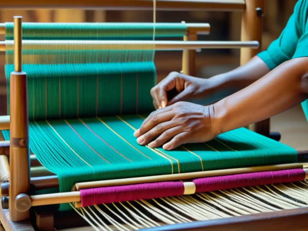 Un artesano indígena teje patrones textiles vibrantes en un telar de madera, honrando la tradición