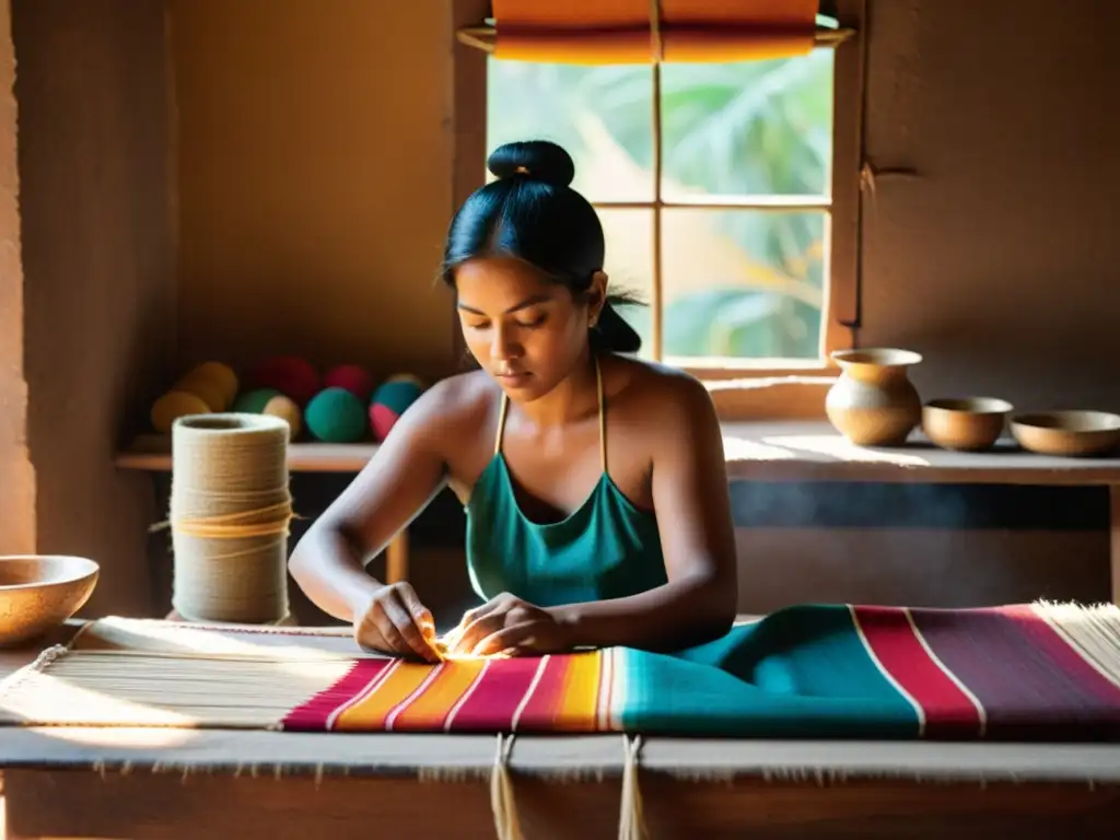 Un artesano indígena teje patrones tradicionales con tintes naturales, en un ambiente cálido y lleno de color