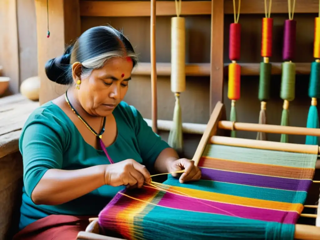 Un artesano indígena preserva la tradición tejedora en un taller cálido, rodeado de hilos vibrantes y herramientas tradicionales