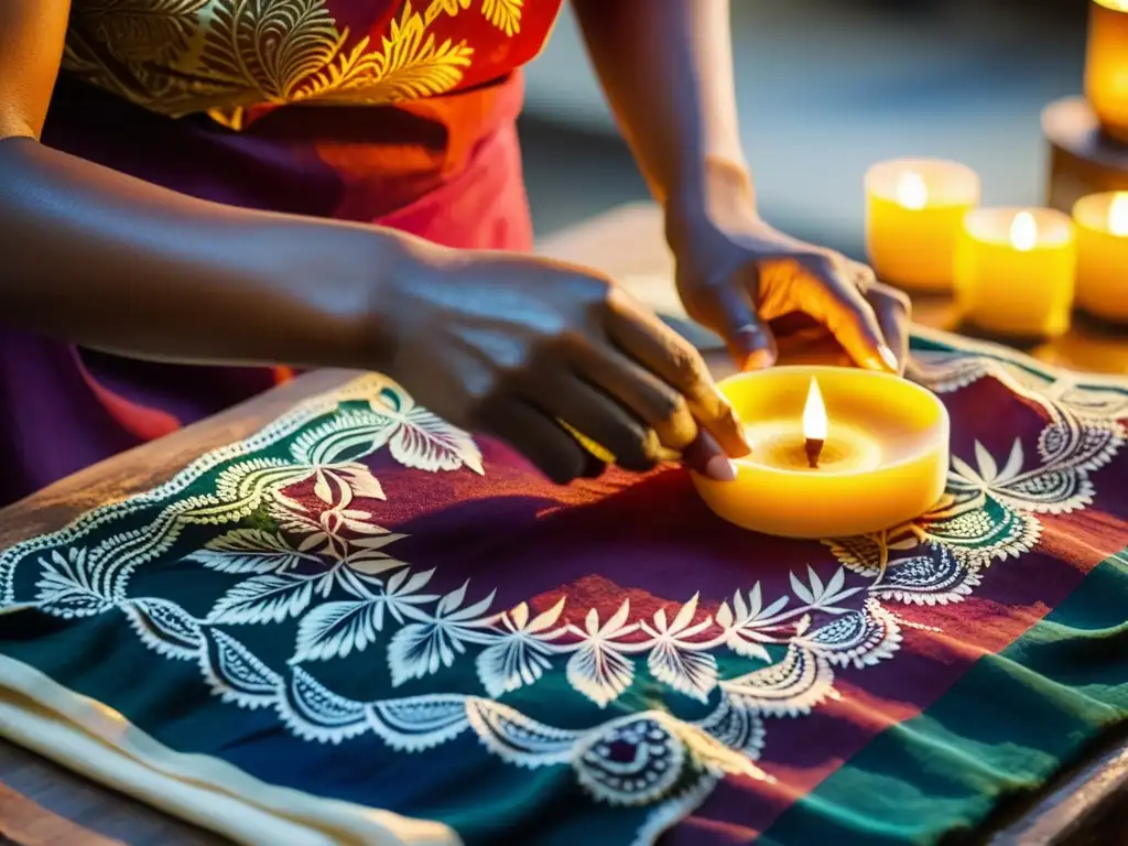 Un artesano indio aplica cera caliente a tela para Batik, con gran detalle y tradición