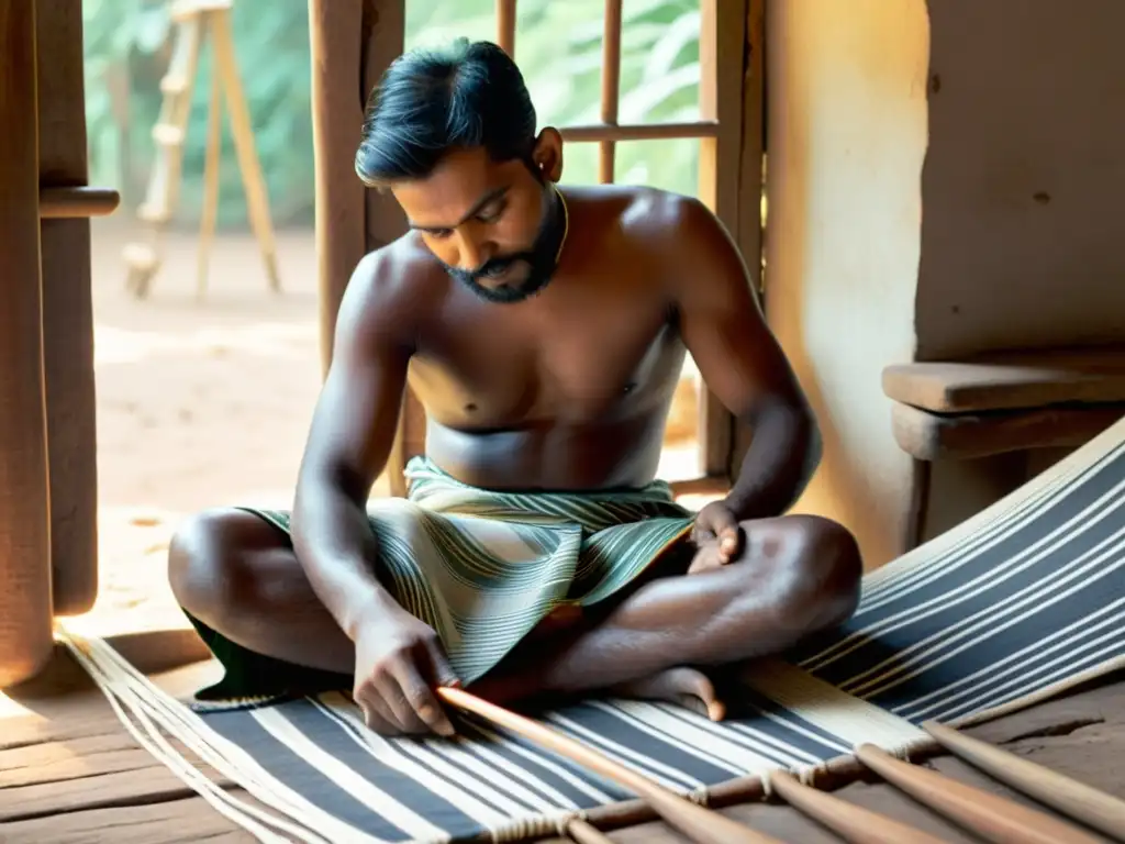 Artesano tejedor de lungi en la India del sur Un artesano indio teje con cuidado un lungi vibrante en un telar de madera, iluminado por la cálida luz del sol