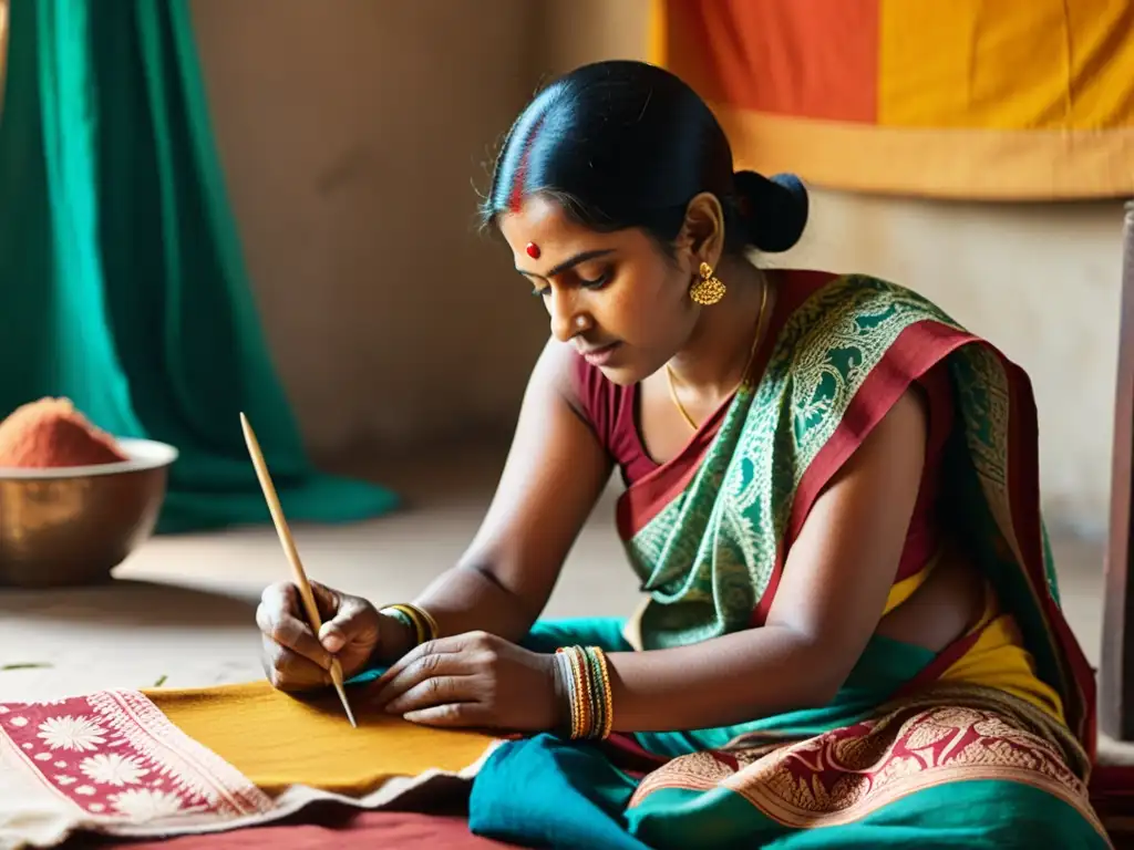 Un artesano indio pintando diseños en tela kalamkari con tintes naturales