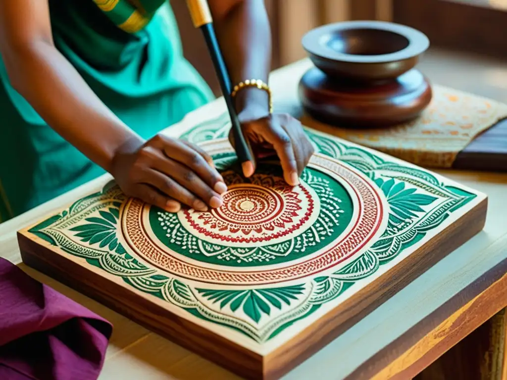 Artesano indio tallando con esmero un diseño vintage en un bloque de madera, con tintes vibrantes y textiles de fondo, mostrando la tradición milenaria de block printing en India