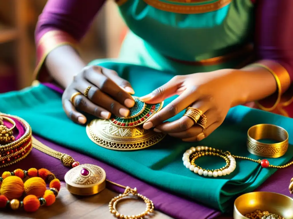 Un artesano indio elabora joyería con patrones tradicionales en un taller lleno de colores vibrantes y luz cálida