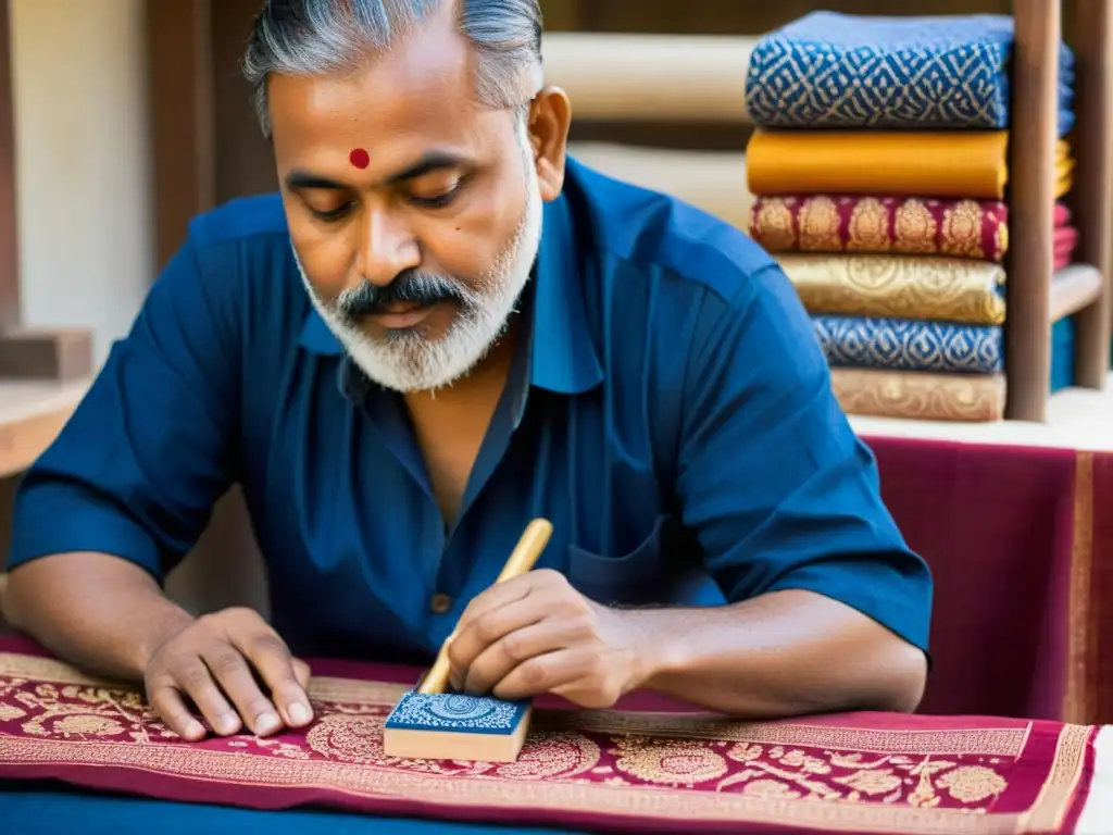 Artesano indio practicando la tradición milenaria de block printing en India, en un bullicioso mercado, con telas vibrantes y patrones intrincados