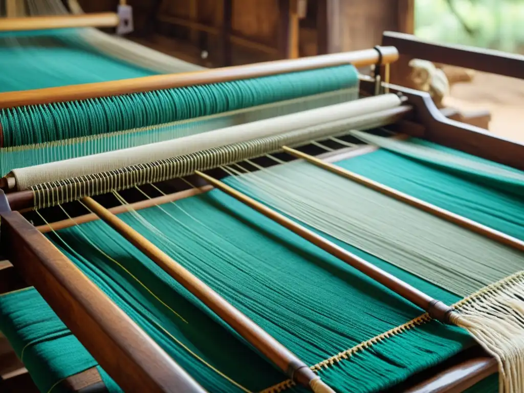 Un artesano indio teje patrones textiles contemporáneos con elegancia en un telar tradicional de madera