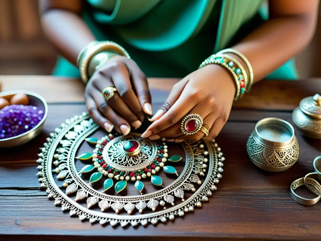 Un artesano indio crea joyería de plata con gemas en un taller tradicional, con patrones de henna y herramientas antiguas