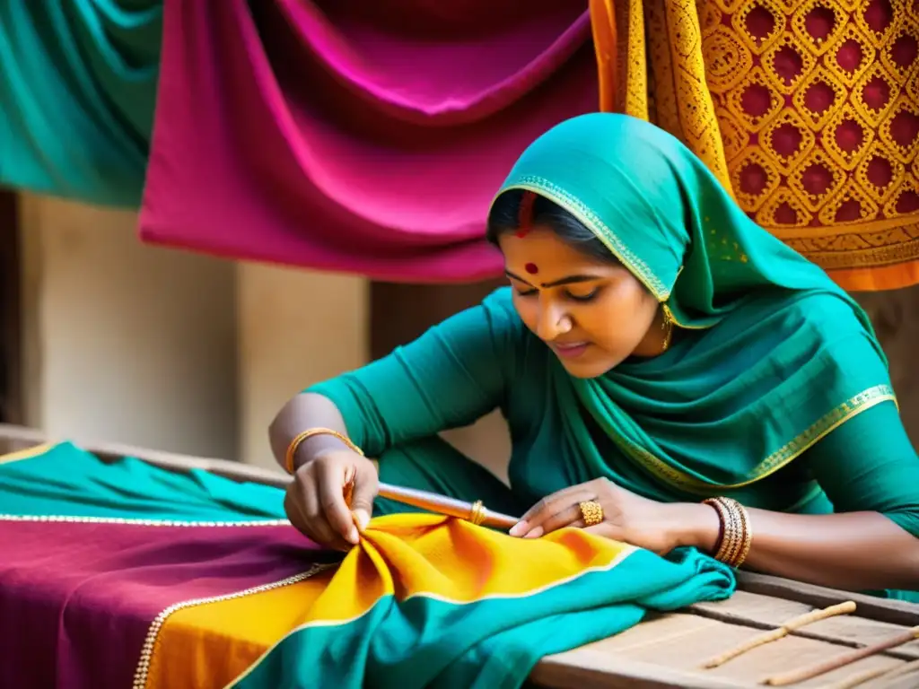 Artesano indio realiza técnica de Bandhani, arte de atar y teñir en India, rodeado de telas vibrantes y patrones intricados