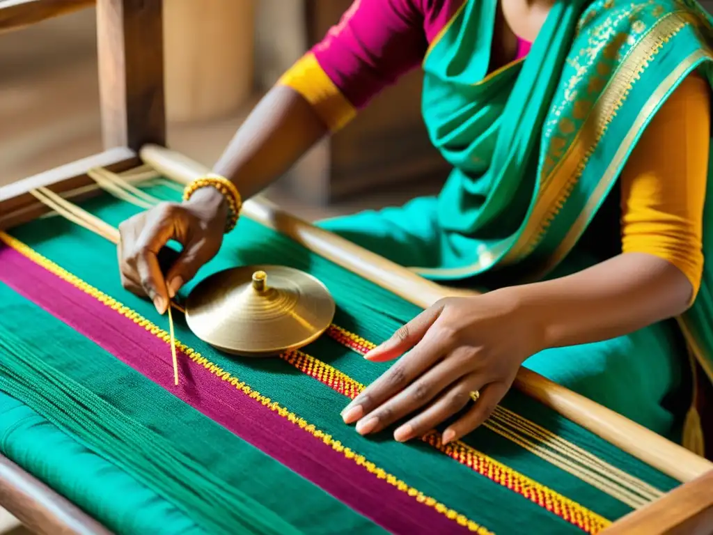 Artesano indio tejiendo telas Chanderi en un telar de madera, proceso creación telas Chanderi artesanía