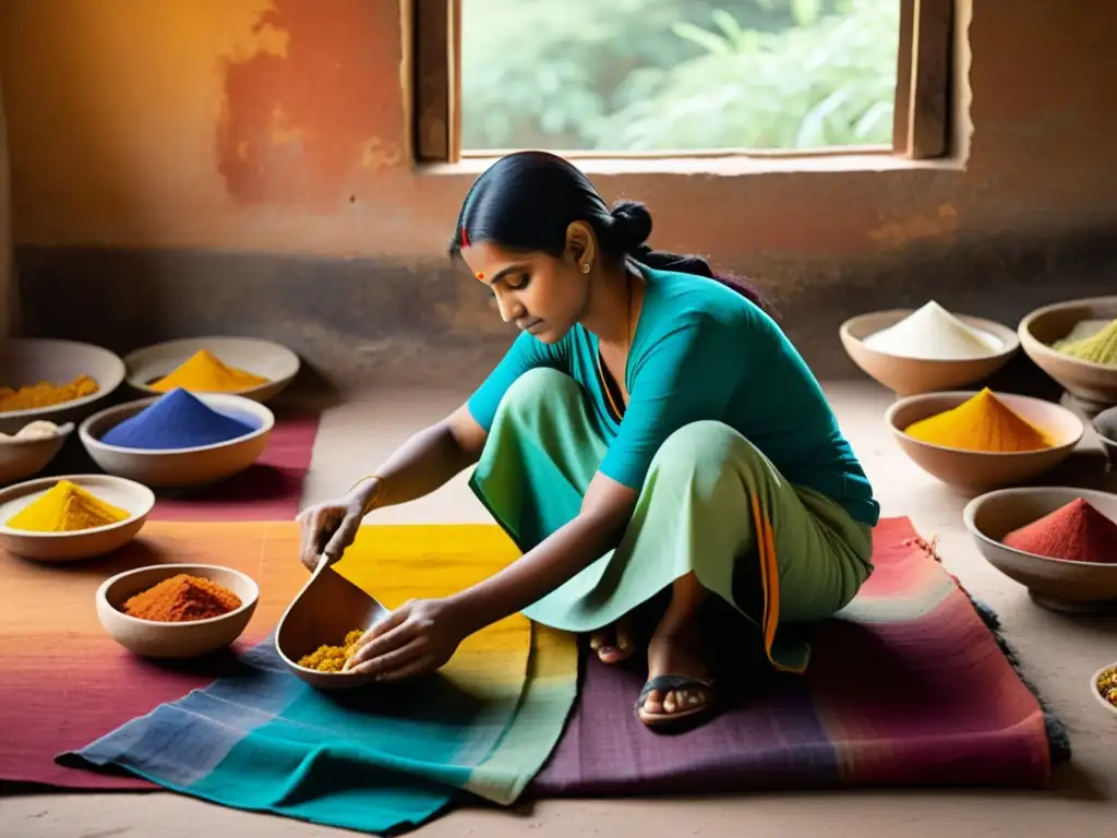 Un artesano indio aplica tintes naturales a tela con técnicas ancestrales al atardecer, mostrando la artesanía de tintes naturales en India