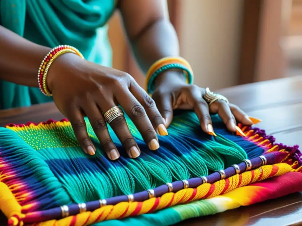 Un artesano indio hábilmente ata y tiñe tela con vibrantes hilos, mostrando la técnica de Bandhani