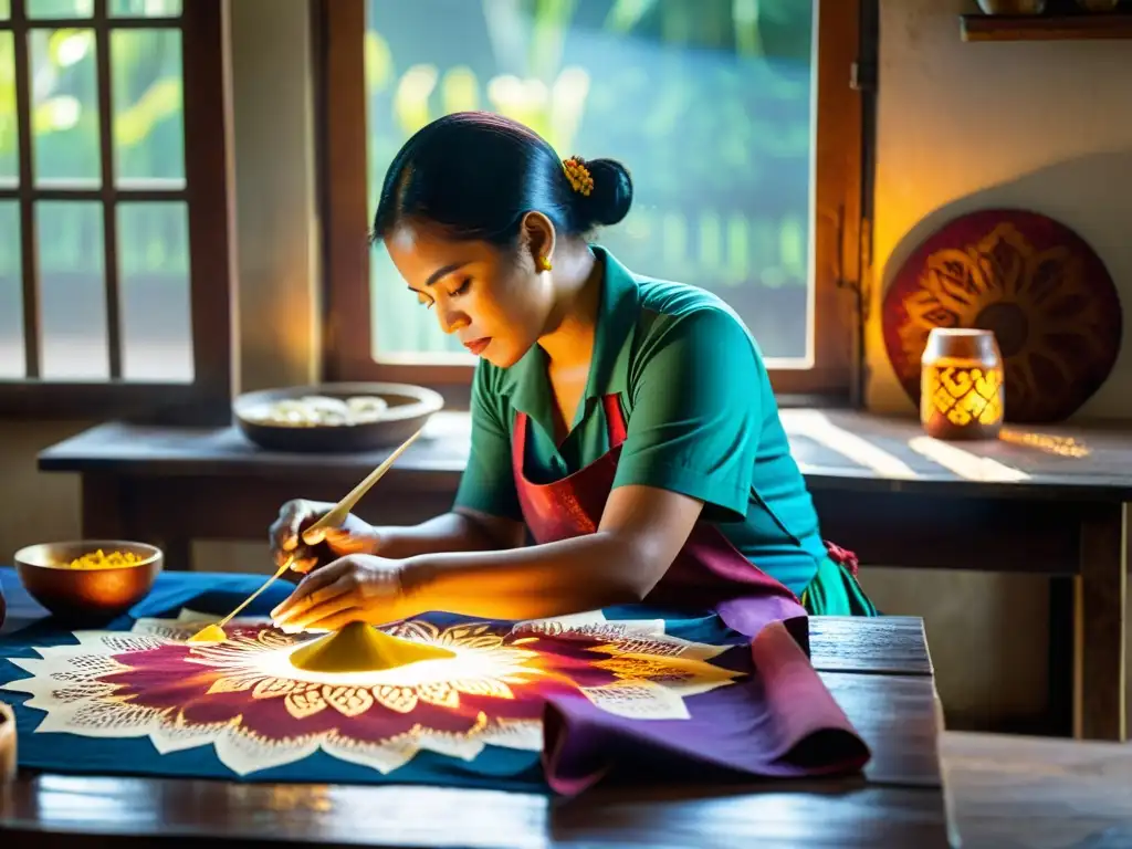 Un artesano indonesio aplica con destreza cera caliente a tela, creando patrones artísticos tradicionales de Indonesia