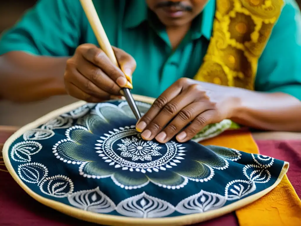 Un artesano indonesio practica la técnica de batik en su taller, creando patrones intrincados con tintes naturales