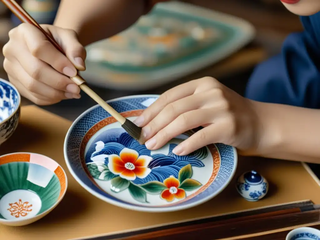 Artesano japonés: pintura en porcelana Kutani Un artesano japonés pinta con cuidado la porcelana Kutani rodeado de piezas coloridas y herramientas antiguas