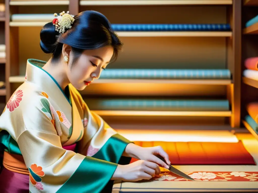 Un artesano japonés aplica estampados a un kimono en Kioto, resaltando la artesanía y la cultura