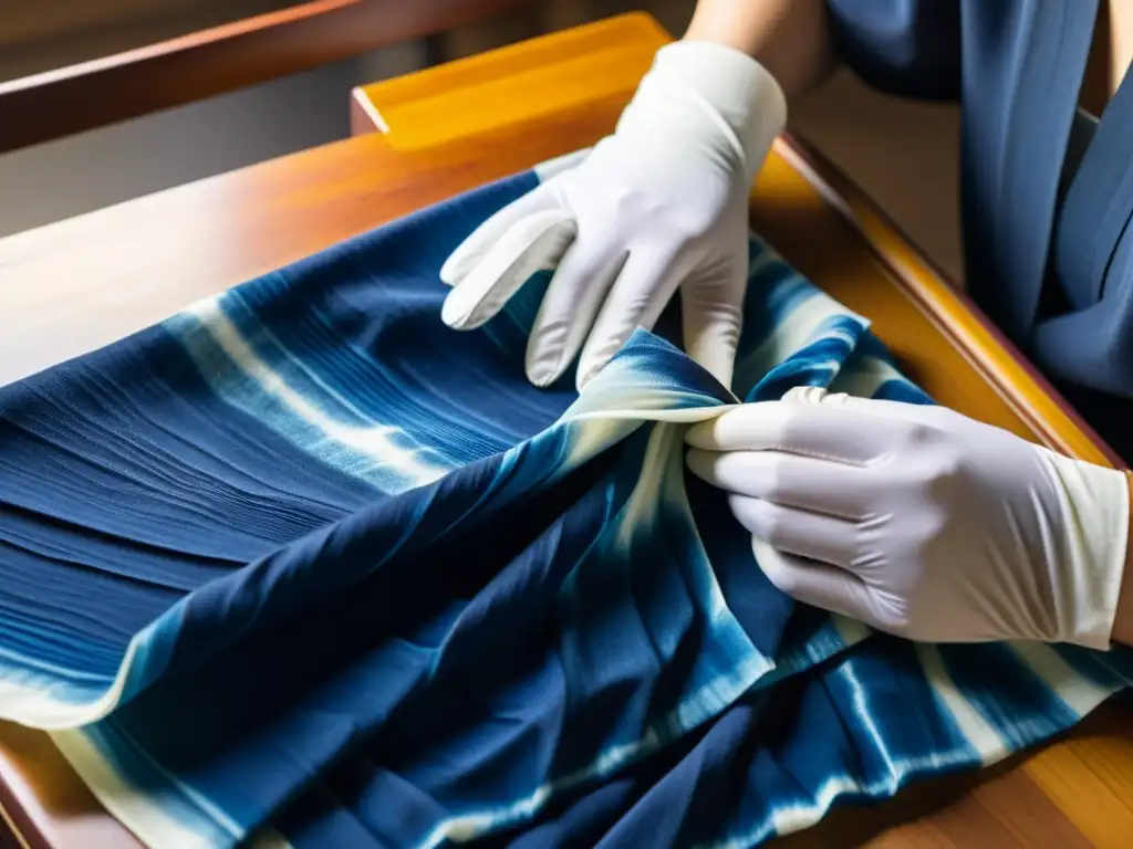 Un artesano japonés utiliza técnicas de diseño para crear patrones Shibori en tela, evocando una sensación de artesanía atemporal