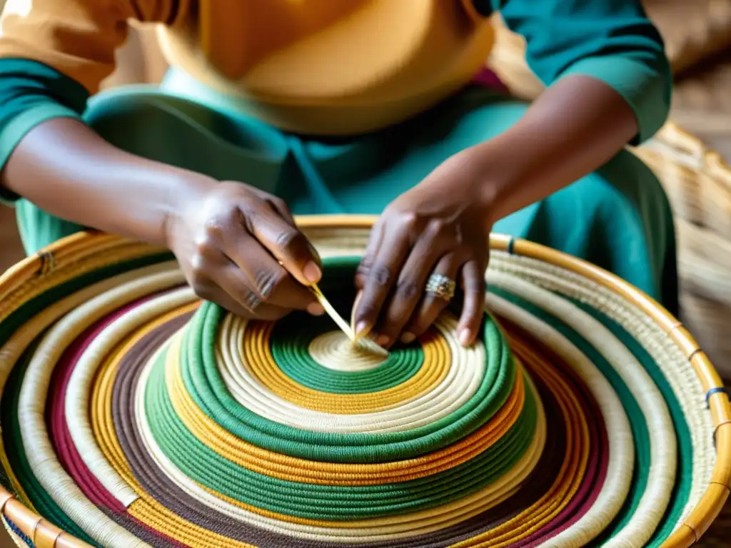 Artesano latino tejiendo cestería con técnicas tradicionales, rodeado de fibras naturales en ambiente cálido y luminoso