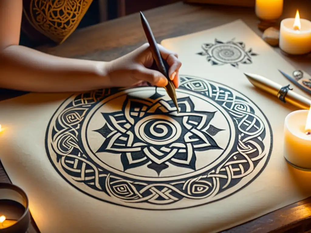 Un artesano dibuja un mandala celta con reverencia, rodeado de herramientas antiguas y símbolos, iluminado por luz de velas cálida