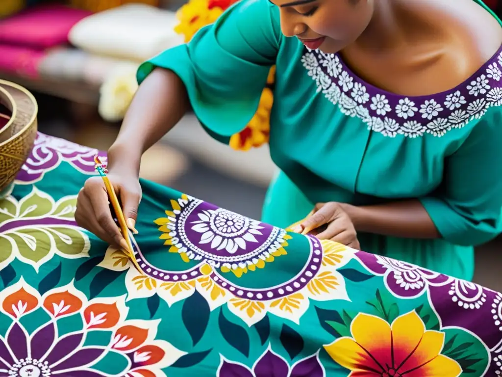 Artesano pintando batik en mercado vibrante Artesano pintando a mano un batik tradicional con patrones florales en un bullicioso mercado